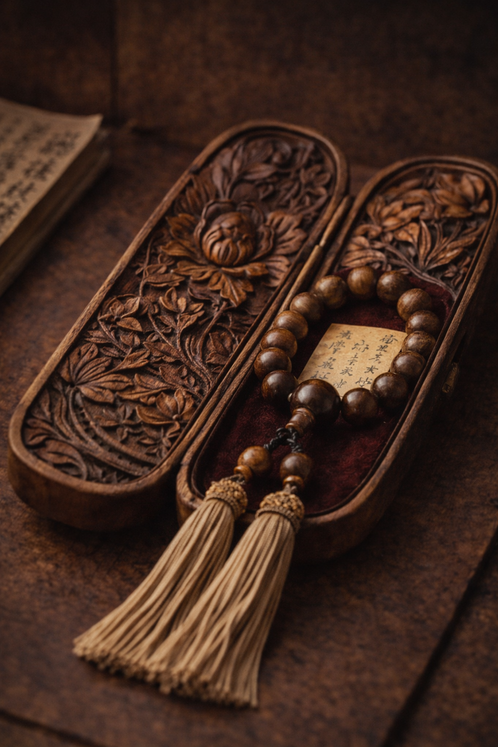 彫刻箱入り 旅念珠 ― 花篭（はなかご）